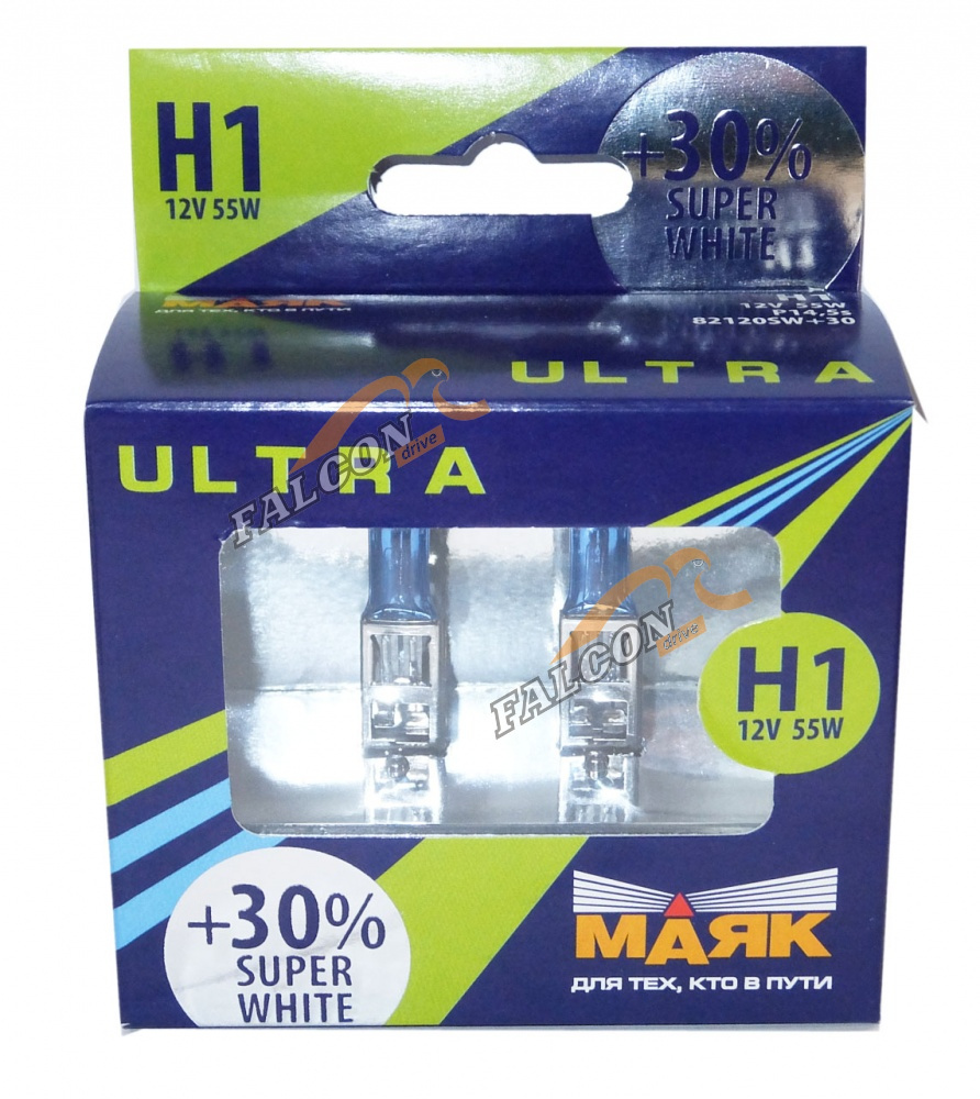 Лампа галог H1 12V55W+30% (Маяк) ULTRA Super White к-т2 шт 82120SW+30 