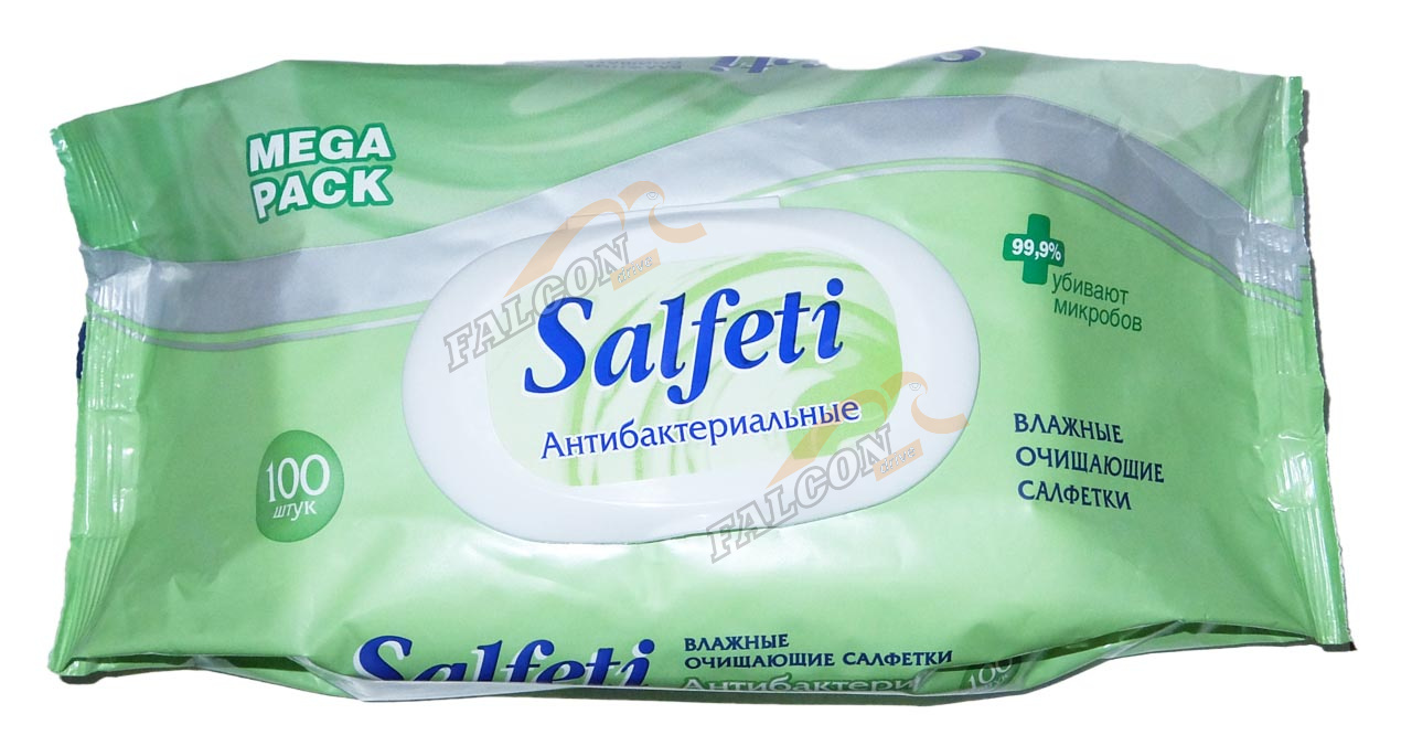 Салфетки антибактериальные 100шт (Salfeti) MEGA PACK с пластиковым клапаном