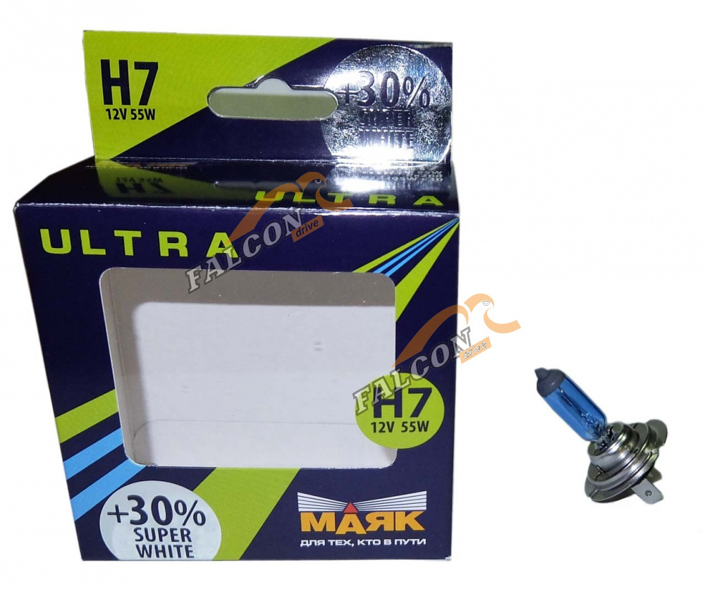 Лампа галог H7 12V55W+30% (Маяк) ULTRA Super White к-т2шт 