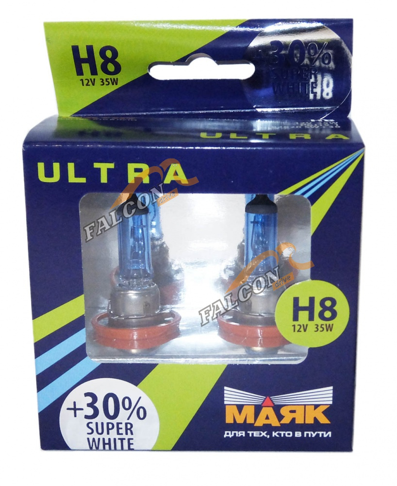 Лампа H8 галог 12V35W+30% (Маяк) ULTRA Super White 82820SW+30 к-т 2шт